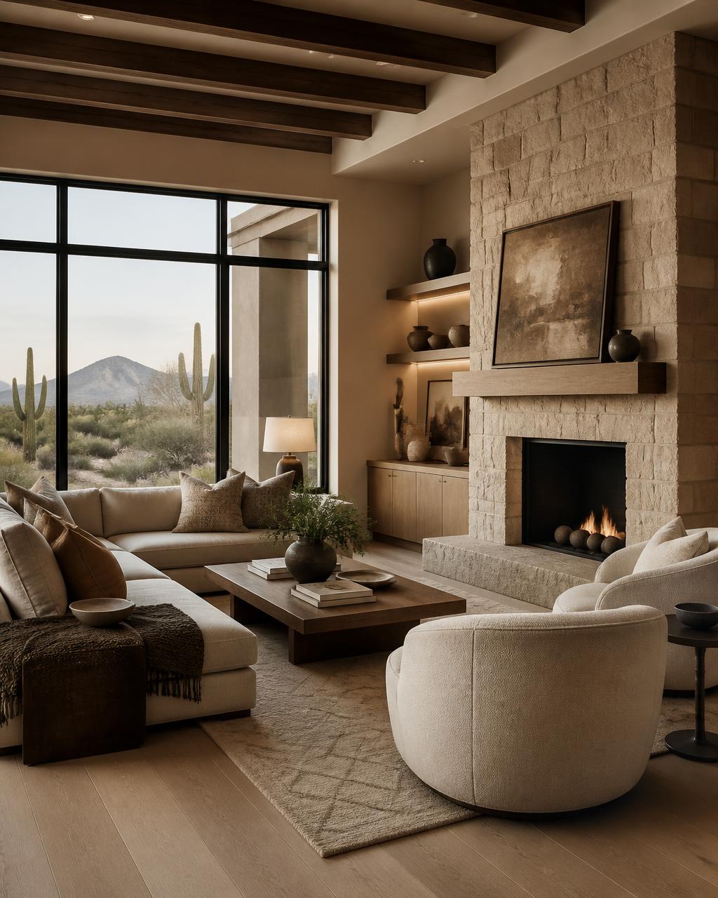 Warm, modern desert home living space in Scottsdale