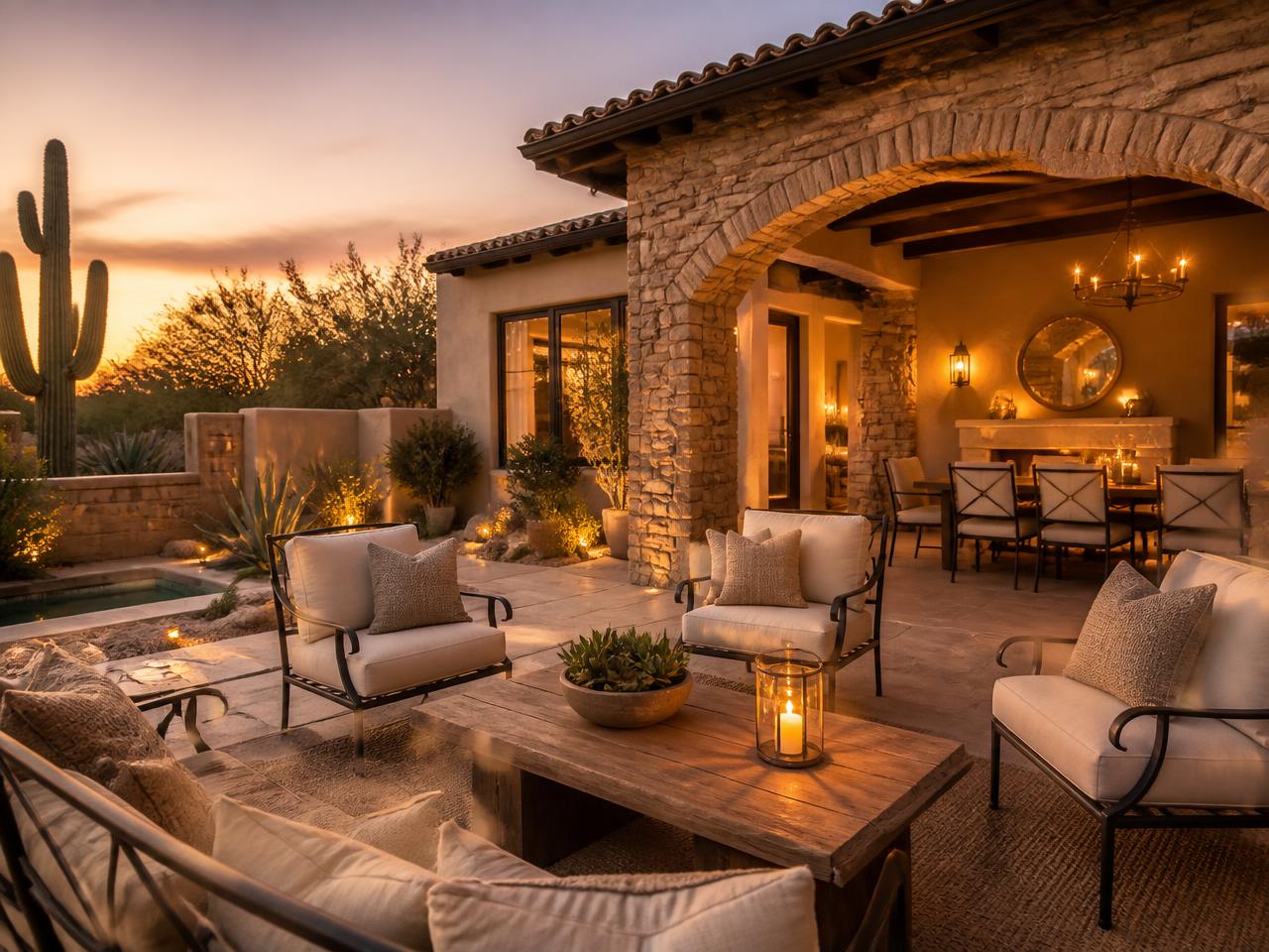 Warm desert home patio at golden hour